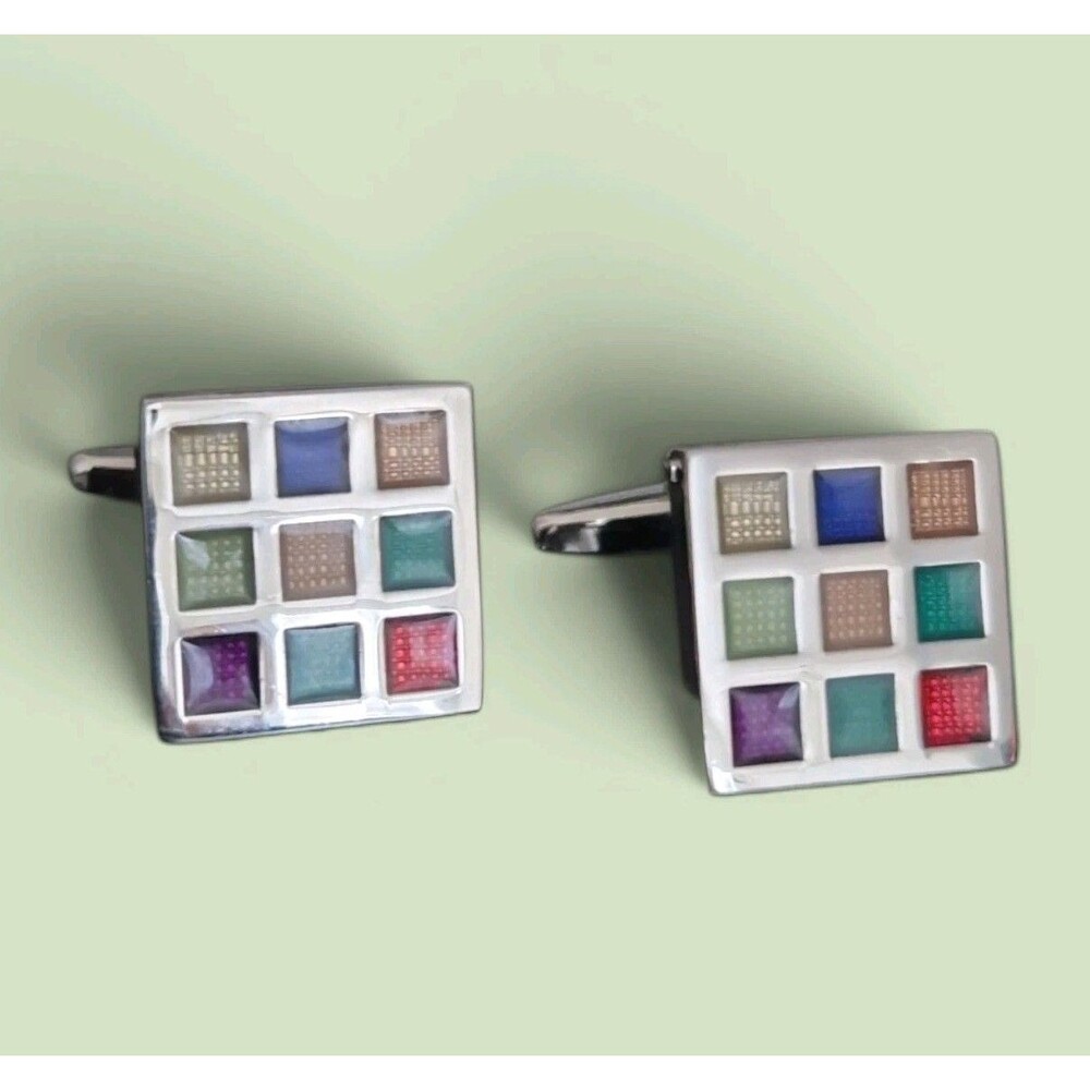 Squares Cufflinks Silver Rhodium Plated Multicolor Enamel Cuff Links